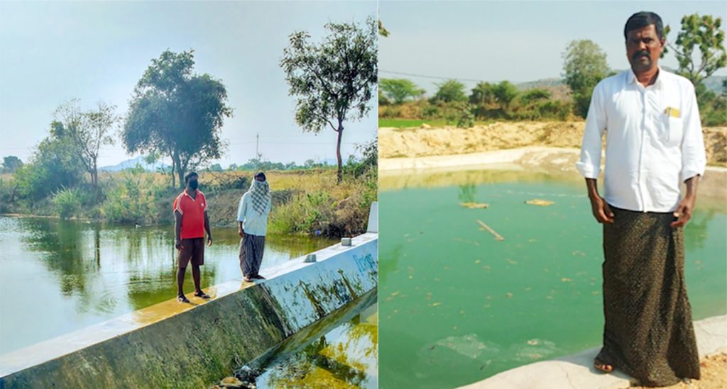 Water conservation structures in Anantapuramu: A check dam (L) constructed in Kondampalle village, Anantapuramu, during 2017 has led to increase in groundwater levels that benefits a newly constructed pond (R) in Ramachandra Reddy’s farm, providing sufficient water to irrigate a second crop. The check dam constructed in 2017 through the project has ensured that groundwater is available at a depth of 3 meters. Before the project, even water for drinking purposes was not available, and groundwater was available only at about 183 meters during the dry seasons,” he says. Photo: Arun Seshadri, ICRISAT