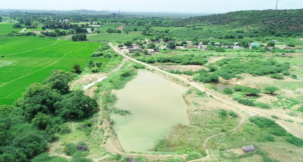 A new percolation tank with a 3000 m3 capacity constructed in Patnikota, Andhra Pradesh, for storage of harvested rainwater.